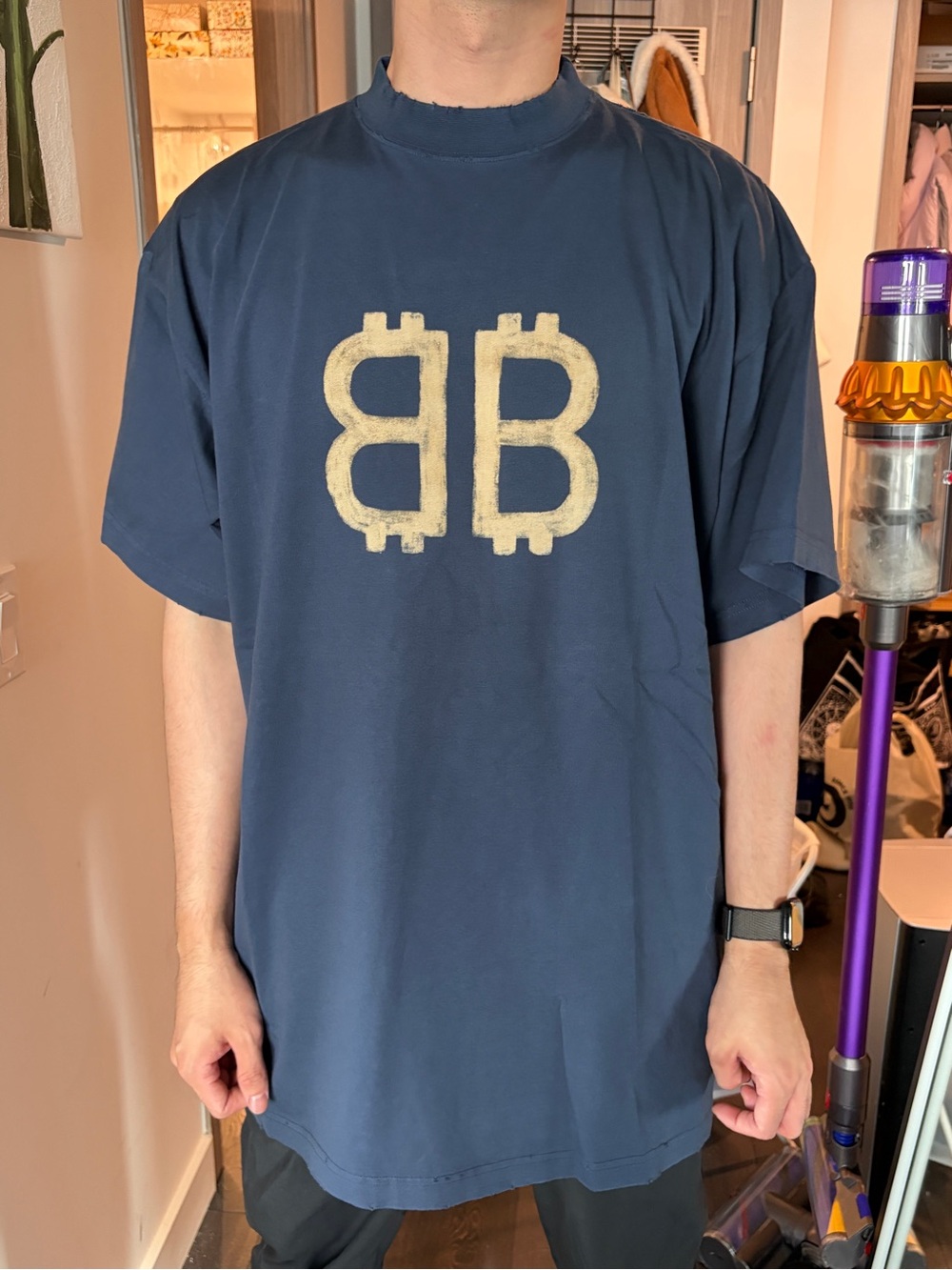 Balenciaga Navy Short Sleeve Tee with Gold Double B Logo